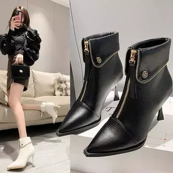 Модные остроносые ботинки женская обувь зимняя обувь дизайнерские ботинки на молнии женские остроносые женские туфли 2024 модные туфли на высоком каблуке 34 хаки