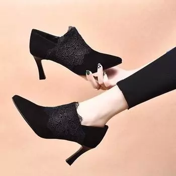 Модные остроносые туфли на высоком каблуке весна новый темперамент кружево глубокий вырез туфли-лодочки черная овечья кожа шпилька ботильоны 35