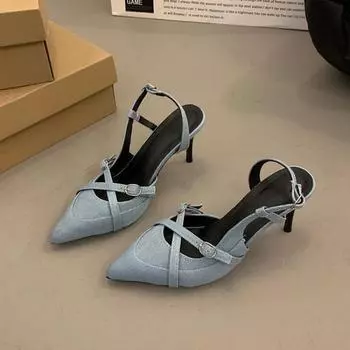 Модные остроносые туфли-стилеты из денима на высоком каблуке, женские новые летние босоножки с одним ремешком в стиле темперамент 39 синий