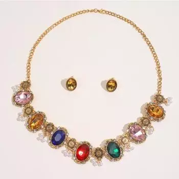 Модные овальные серьги, винтажные драгоценные камни и горный хрусталь, кулон, ожерелье, серьги-гвоздики, комплект женских украшений