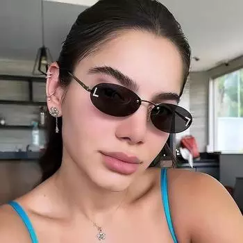 Модные овальные солнцезащитные очки для женщин, солнцезащитные очки с буквенным декором, модные солнцезащитные очки без оправы, очки «кошачий глаз», защита UV400, металл чёрный
