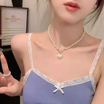 Модные ожерелья с жемчугом и сердечками, подвески с пряжкой в форме сердца, цепочка на ключицу, жемчужная цепочка на ключицу для женщин 1 Pcs