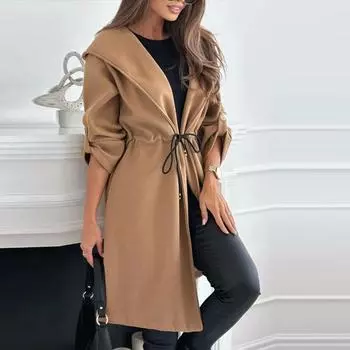 Модные пальто с капюшоном и лацканами, женские повседневные ветровки с длинными рукавами, тонкие куртки в стиле ретро в британском стиле, осень и зима S коричневый