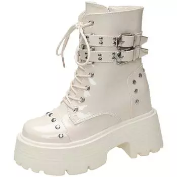 Модные панк-сапоги на шнуровке, женские, из искусственной кожи, высокие мотоциклетные ботинки на платформе, женские, на молнии, на толстом каблуке, готические туфли 34 чёрный