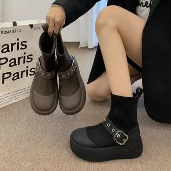 Модные панк-сапоги на толстом каблуке и платформе, женские, на толстом каблуке, модные мотоциклетные ботинки с пряжкой, женские, черные, белые, на толстой подошве, ботильоны 35 чёрный
