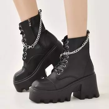 Модные панк-сапоги с металлической цепочкой, женские, на толстом каблуке и платформе, мотоциклетные ботинки Botas Mujer, черные, из искусственной кожи, с боковой молнией, готические туфли 35 чёрный
