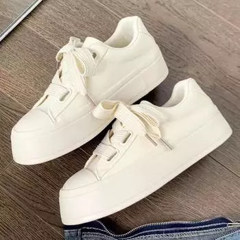 Модные парусиновые туфли на платформе 2024 года, новые универсальные повседневные туфли для женщин с юбками и маленькими белыми туфлями, кроссовки на шнуровке для женщин 35 бежевый
