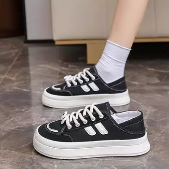 Модные парусиновые туфли на толстой подошве для женщин 2024 года, весна и осень, новые нишевые оригинальные универсальные кроссовки в стиле ретро в Гонконге 35 чёрный