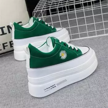 Модные парусиновые туфли женские 2024 осень новые туфли на толстой подошве скрытый каблук 10 см туфли на платформе черные повседневные туфли женские кроссовки 34 зелёный