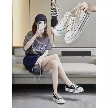 Модные парусиновые туфли женские на плоской подошве дышащие молодые женские повседневные туфли брендовые черные белые тканевые толстые подошвы 3,5 см 34 чёрный
