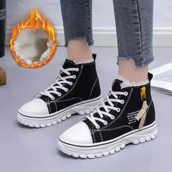 модные парусиновые зимние кроссовки женские повседневные туфли кроссовки на платформе брендовые тканевые туфли женские высокие теплые плюшевые туфли Tenis Feminino 35 чёрный