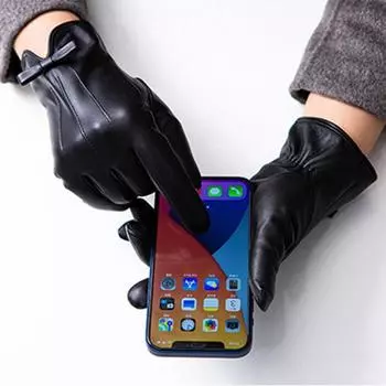 Модные перчатки из натуральной овчины, ветрозащитные термоперчатки с сенсорным экраном, зимние теплые варежки с бархатной подкладкой и бантом M чёрный