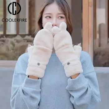 Модные перчатки женские зимние милые перчатки-раскладушки с героями мультфильмов южнокорейских студентов теплые кашемировые перчатки с защитой до половины пальцев ST250 One Size белый