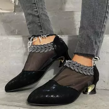 Модные пикантные туфли на среднем каблуке с острым носком, женские туфли большого размера со стразами и сеткой, с открытым носком и пайетками, женские туфли 35-43 43 чёрный