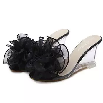 Модные пикантные туфли на танкетке, прозрачные туфли на высоком каблуке с кристаллами, сандалии на высоком каблуке с большим цветком, женская обувь 35 чёрный