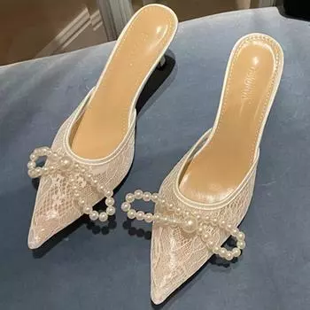 Модные пикантные женские тапочки на высоком каблуке 7 см с жемчугом, белые кружевные туфли-лодочки с острым носком, шлепанцы на низком каблуке, женские туфли для выпускного вечера с бантом 39 белый