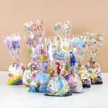 Модные пластиковые принадлежности для вечеринок, детские животные, прозрачные, мультяшные, на день рождения, динозавры, русалки, единороги, 50 шт., с завязками, подарочный пакет для конфет красный