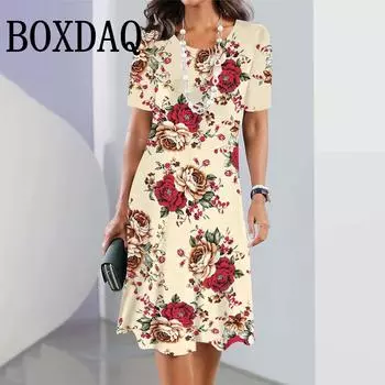 Модные платья с цветочным принтом, женская одежда с коротким рукавом, летние элегантные мини-платья с круглым вырезом, свободная уличная одежда XS