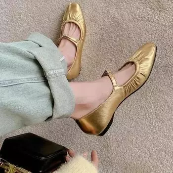 модные плиссированные балетки женские кожаные туфли женские повседневные серебряные балетки с пряжкой на ремешке золотые квадратные носки 2024 весна женская обувь 35 золотой