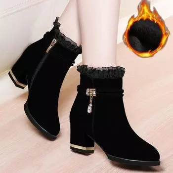 Модные плиссированные ботинки с отогнутым краем для женщин, квадратные, на высоком каблуке, на щиколотке, с круглым носком, короткие, плюшевые женские туфли 35 чёрный