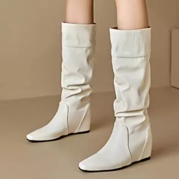 Модные плиссированные сапоги до колена, женские сапоги в стиле вестерн на танкетке для женщин, искусственная кожа, увеличивающие рост каблуки, женская обувь для вечеринок, большой размер 48 34 чёрный