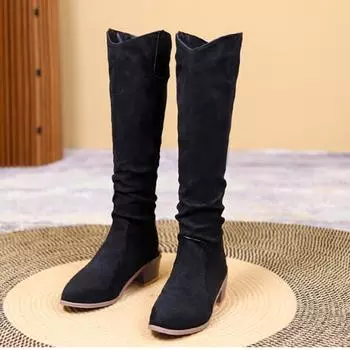 Модные плиссированные сапоги до колена, женские туфли на квадратном каблуке весна/осень, распродажа 2024 года, модные женские сапоги без застежек с острым носком 35 хаки