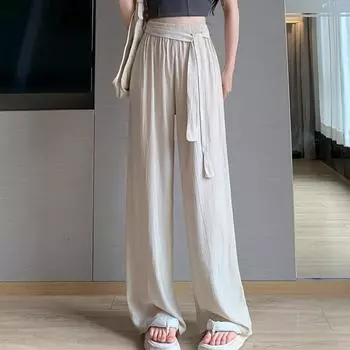 Модные плиссированные широкие брюки на шнуровке для женщин, прямые повседневные брюки с высокой талией, женские свободные простые однотонные офисные женские брюки 24270 S чёрный