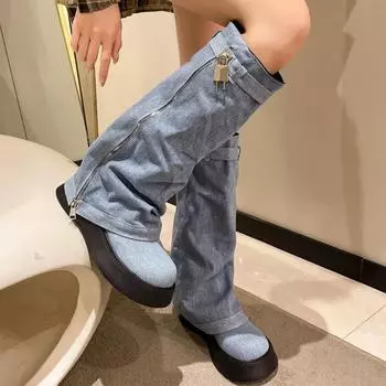 Модные плиссированные синие джинсовые сапоги до бедра для женщин, осенние ковбойские сапоги на толстом каблуке, женские длинные сапоги в стиле вестерн, сапоги на молнии и платформе 35 чёрный
