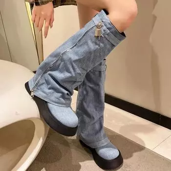 Модные плиссированные синие джинсовые высокие женские туфли на толстом каблуке в ковбойском стиле слипоны на платформе с длинной молнией в стиле вестерн Botas De Mujer Goth 35 чёрный