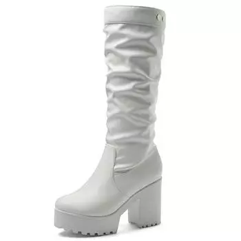 Модные плиссированные высокие сапоги женские панк-сапоги на толстом каблуке до колена на платформе осень-зима белые черные женские длинные туфли дизайнер 34 чёрный