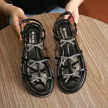Модные плоские квадратные с открытым носком и бантом на спине, модные универсальные легкие удобные нескользящие простые износостойкие сандалии для женщин 40 чёрный