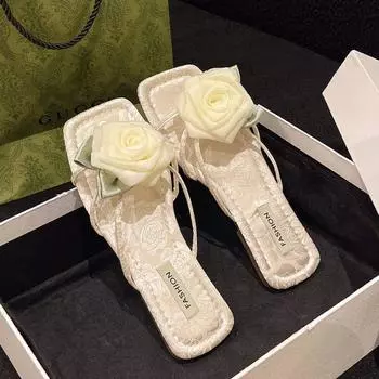 Модные плоские тапочки, летние, новые, квадратные, тонкие, с цветком, женские туфли, легкие, нескользящие сандалии 35 хаки