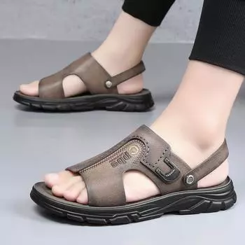 Модные пляжные мужские дышащие сандалии, летняя кожаная ажурная мужская обувь, простые мужские удобные тапочки 2024 года, новые классные роскошные сандалии 38 коричневый