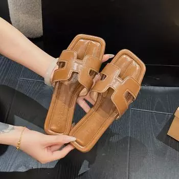 Модные пляжные тапочки на плоской подошве из мягкой кожи для женщин, летние тапочки 2025 года большого размера с овечьим узором для женщин 35