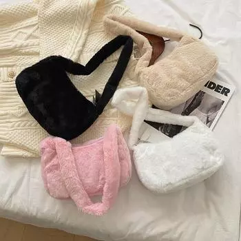 Модные плюшевые пушистые сумки через плечо, винтажные женские однотонные сумки под мышками, портативные квадратные дорожные уличные сумки