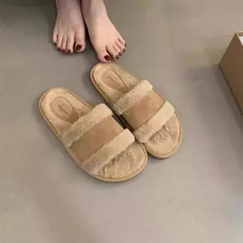 Модные плюшевые тапочки для верхней женской одежды 2024 года, осень/зима, новые нежные бархатные тапочки с плоским дном и темпераментом 35 бежевый