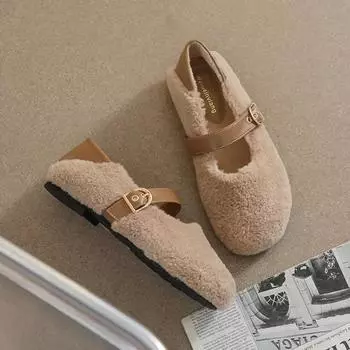 Модные плюшевые туфли женские уличные осенне-зимние теплые туфли Мэри Джейн на мягкой подошве женские туфли на плоской подошве с круглым носком Chaussure Femme 34