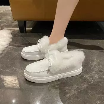 Модные плюшевые зимние ботинки для женщин 2024 года, новые зимние теплые меховые ботильоны, модные замшевые туфли на плоской подошве, удобная хлопковая обувь на платформе, размер 43 36 бежевый