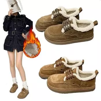 Модные плюшевые зимние ботинки для женщин, зимние, с круглым носком, утолщенные, теплые, на плоской подошве, для женщин, толстая подошва, нескользящие, на шнуровке, повседневные хлопковые ботинки 35 светло-коричневого