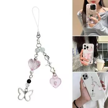 Модные подвески в виде сердечек и бабочки, подвеска для телефона, брелок для ключей, ремешок, украшение для сумки, кошелька, подвески розовый