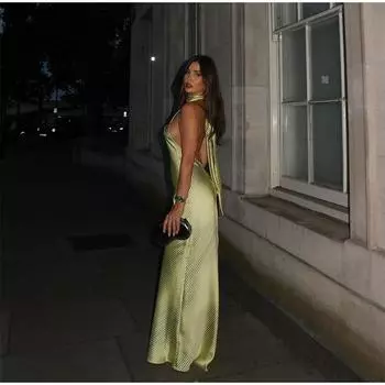 Модные полосатые принтованные женские макси-платья, элегантное женское платье с воротником-стойкой и открытой спиной, летнее вечернее платье без рукавов для женщин XS жёлтый