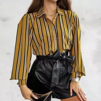 Модные полосатые рубашки весна и осень блузка с длинным рукавом женская повседневная свободная рубашка на пуговицах с отложным воротником одежда 26478 S жёлтый