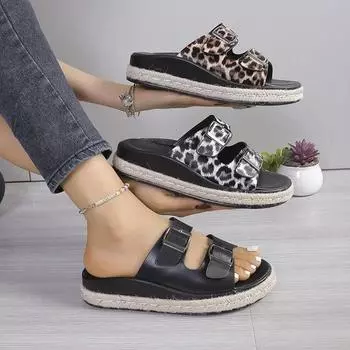 модные полуботинки домашние тапочки на платформе летние женские мокасины шлепанцы Pantofle Beach 2024 леопард леопард Рим Ткань копыта каблуки R 36
