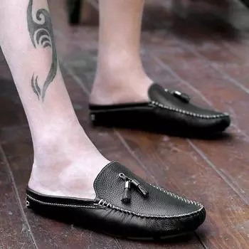 Модные полуботинки мужские слипоны мюли тапочки мокасины повседневная обувь мужская уличная мода социальные кожаные мокасины дышащая кожаная обувь 6.5 чёрный