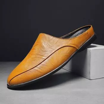 Модные полудраговые повседневные сандалии, летние мужские полутапочки из натуральной кожи, дышащие, без застежек, удобные туфли для ленивого вождения 38 чёрный