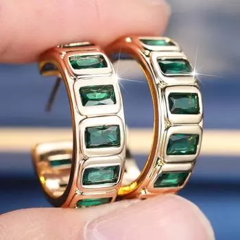 Модные полукруглые серьги золотого цвета для женщин C-образные зеленые серьги с кубическим цирконием, винтажные вечерние ювелирные изделия, подарок зелёный/золотой