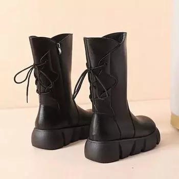Модные полусапоги до середины голени женские со шнурками кожаные плоские с круглым носком на шнуровке полусапоги для женщин черные демисезонные рабочие водонепроницаемые ботинки 35