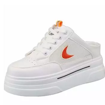 Модные полутапочки 8 см, женская верхняя одежда, лето 2024 г., новые сетчатые дышащие туфли без каблука, увеличивающие рост, лоферы, кроссовки 34 оранжевый