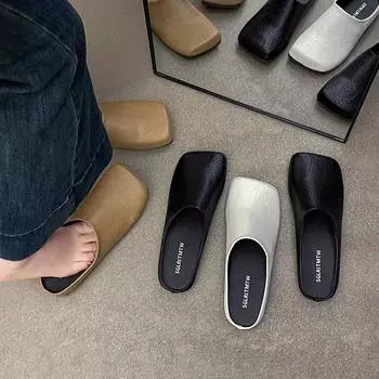 Модные полутапочки-мешки на голову, женская верхняя одежда на плоской подошве, весна и лето, мягкая кожа, нескользящая, квадратная, с одной педалью, ленивые туфли, повседневная кожаная обувь 36 чёрный