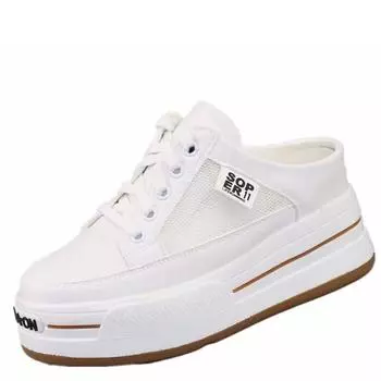 Модные полутапочки с круглым носком высотой 8 см, женская верхняя одежда, летние новые сетчатые дышащие туфли без каблука, внутренние, с завышенной талией, белые туфли-кроссовки 34 белый